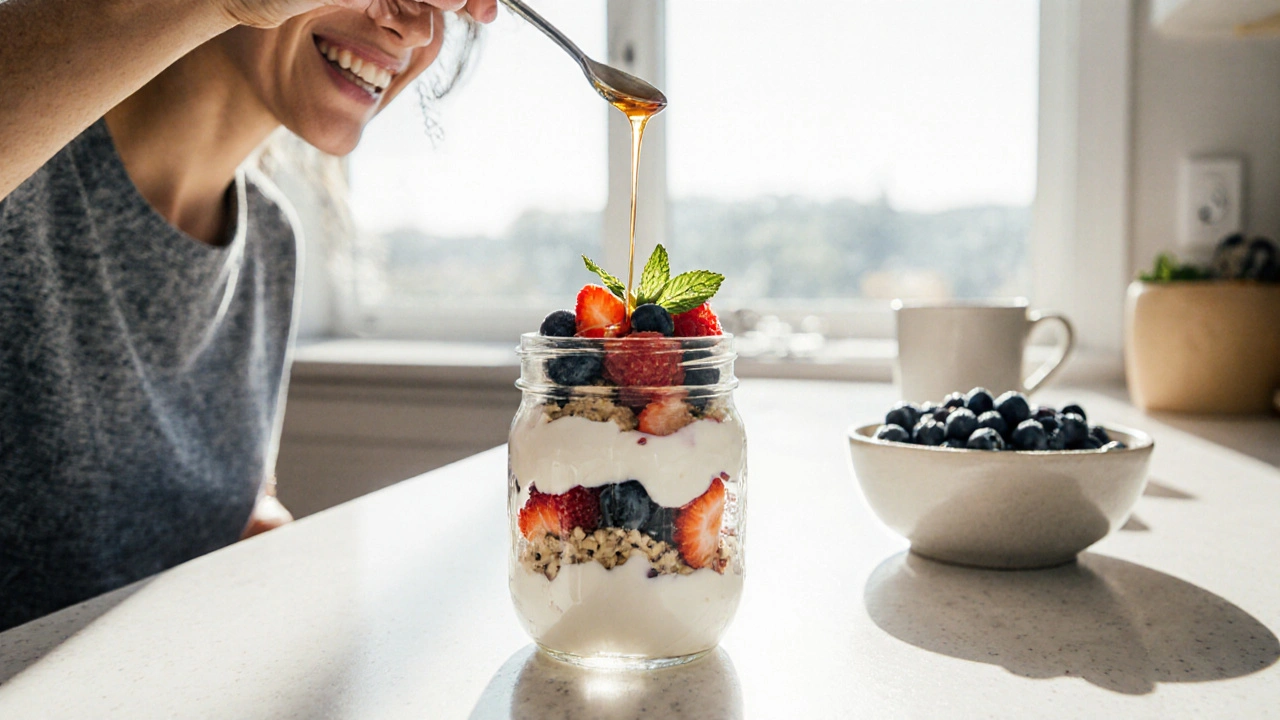 Bright kitchen scene of a person assembling a berry parfait with yogurt, honey, and fresh berries.