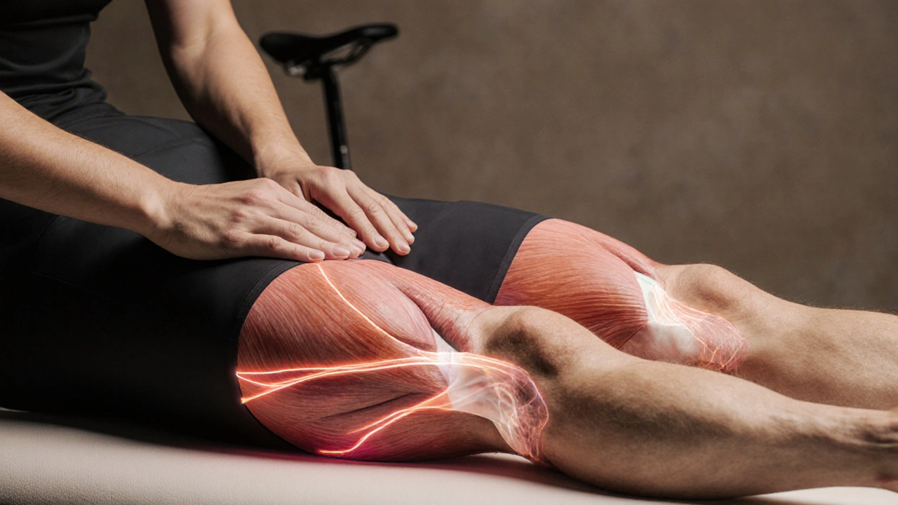 Close‑up of a therapist applying deep‑tissue and myofascial release on a cyclist&#039;s legs with anatomical overlay.
