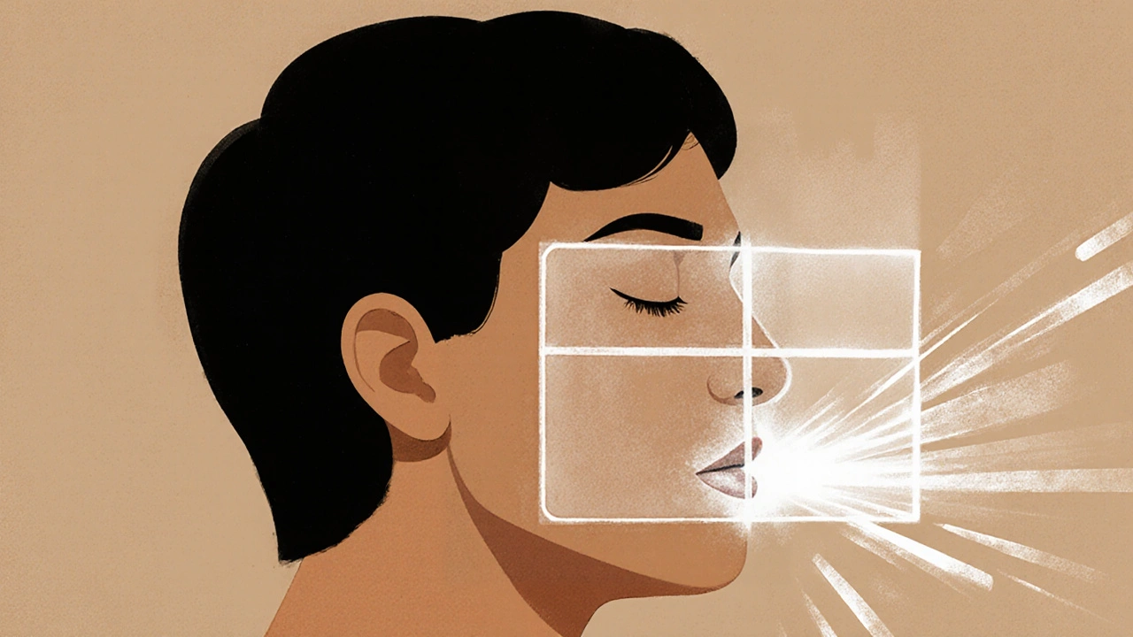 Close-up of someone practicing controlled breathing with glowing air patterns.