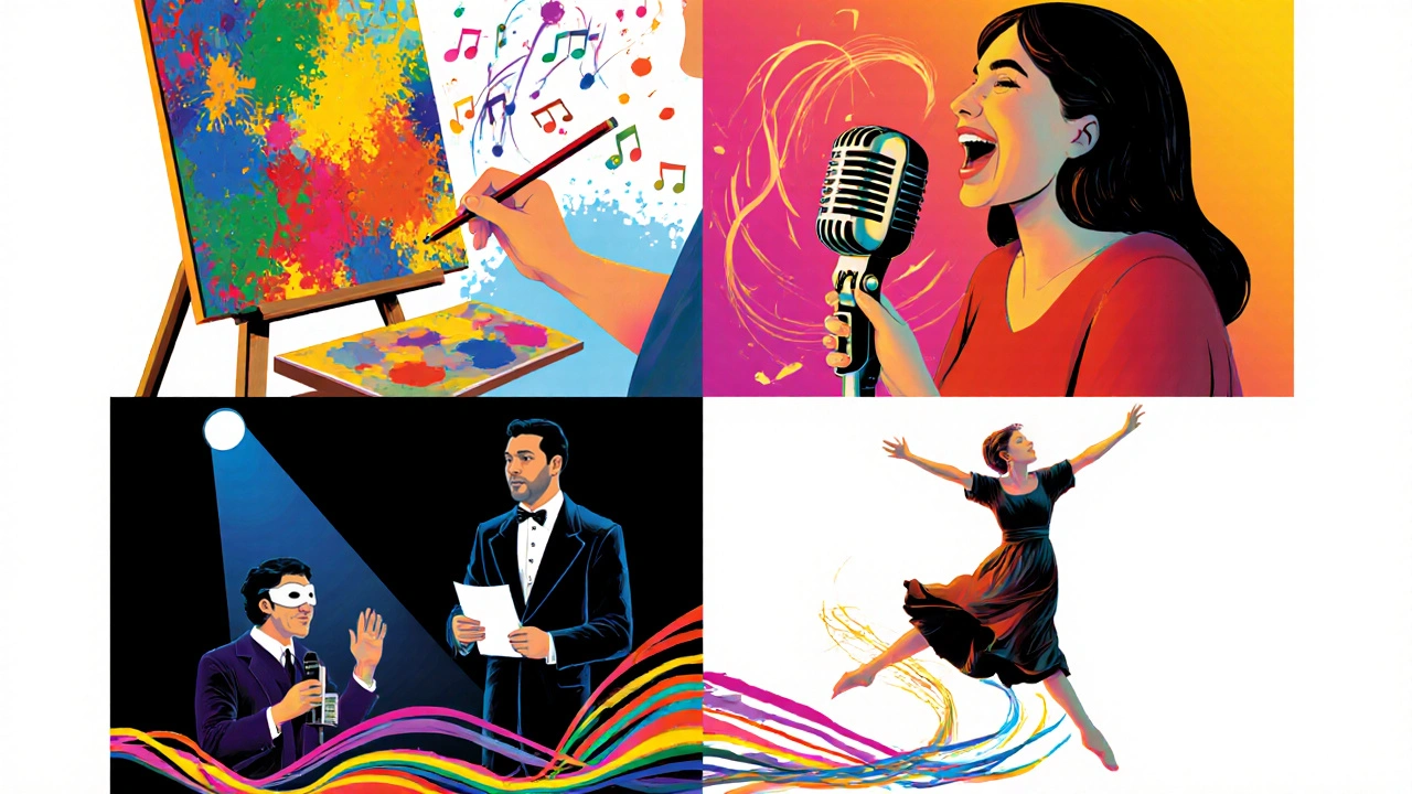 Collage of four panels showing art painting, singing, acting improv, and dancing, each expressing emotion.