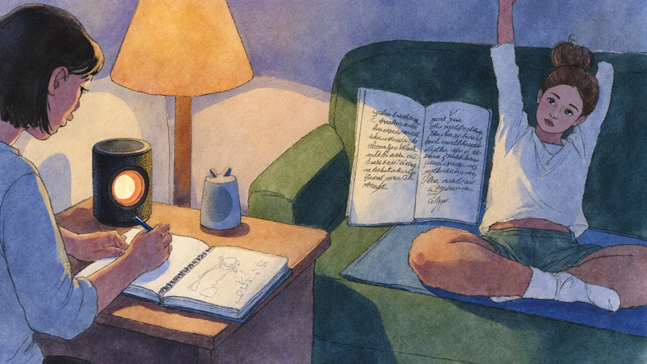 Cozy evening room where someone doodles, stretches to music, and writes a heroic story in a journal.