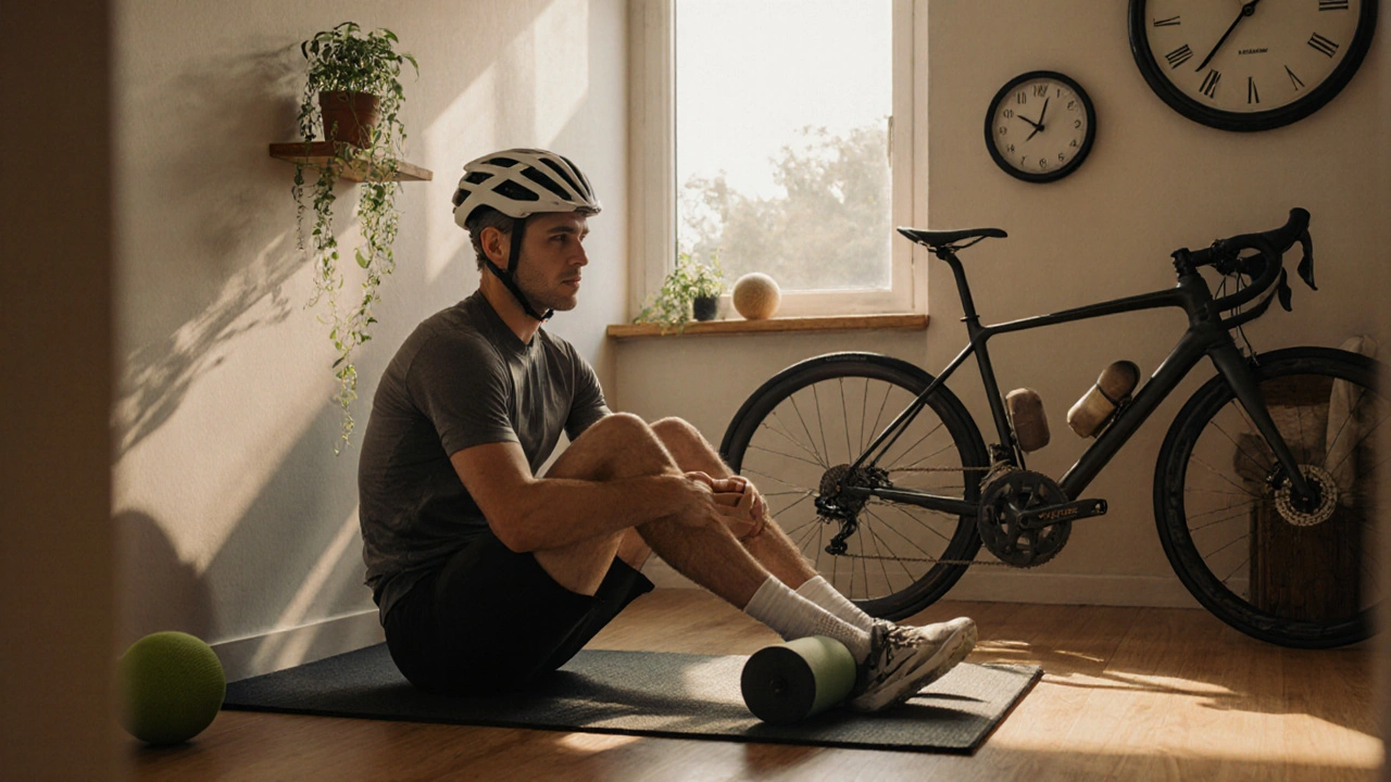 Cyclist using a foam roller at home with bike and recovery tools visible.