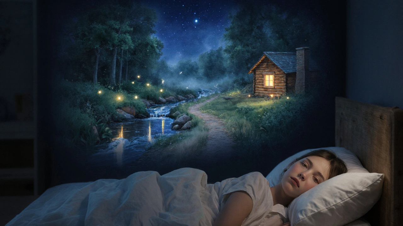 Dreamlike forest scene above a sleeper, with fireflies and a cozy cabin.