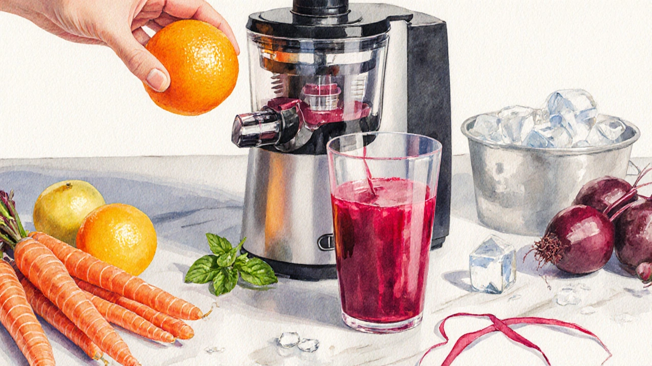 Hand juicing beet, carrots, and orange into a glass, watercolor style.