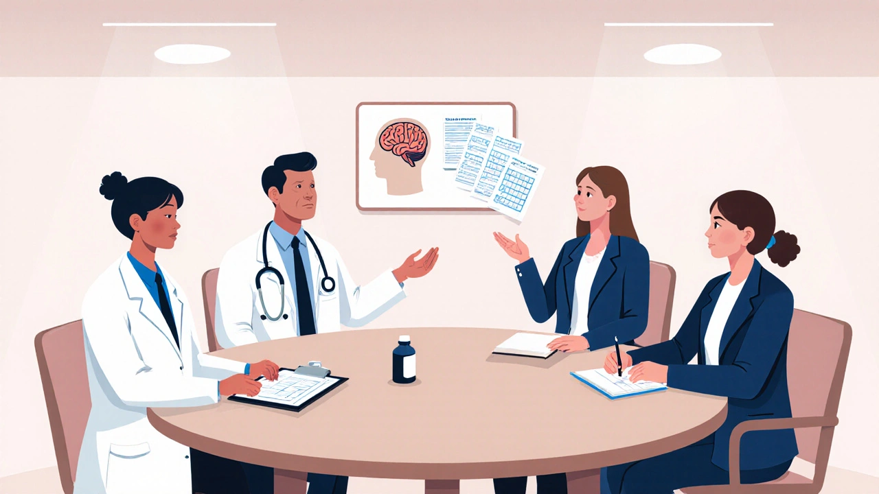 Illustration of a psychologist, psychiatrist, counselor, and CBT therapist gathered around a table.