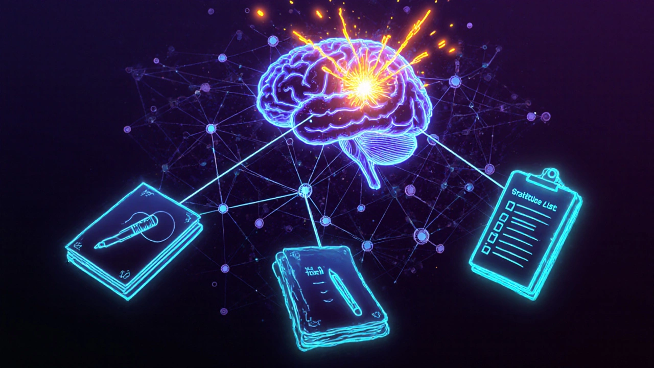 Neon brain network glowing with creative sparks linked to sketchpad, journal, and gratitude icons.