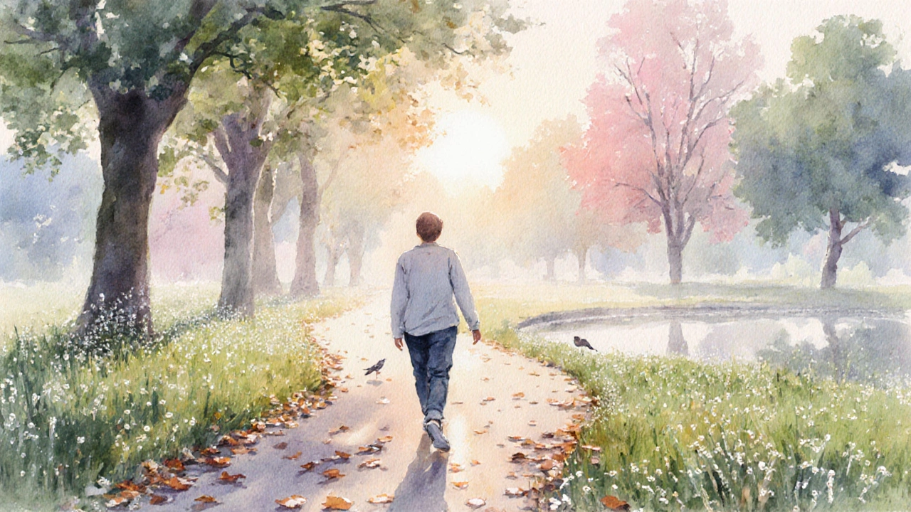 Person walking mindfully on a sunrise park path, each step traced with soft brushstrokes.