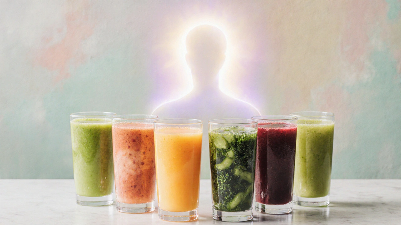 Seven colorful juice glasses arranged around a glowing wellness figure.