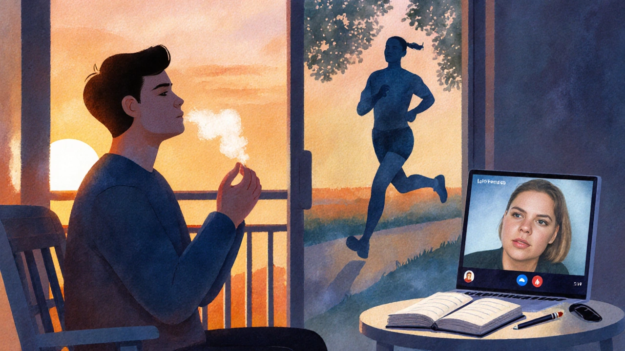 Watercolor of someone breathing, jogging, journaling, and on a video call, showing integrated self‑care.