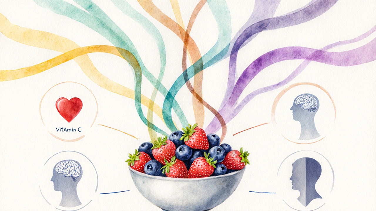 Watercolor scene showing nutrient streams from berries connecting to brain, heart, skin, and immune icons.