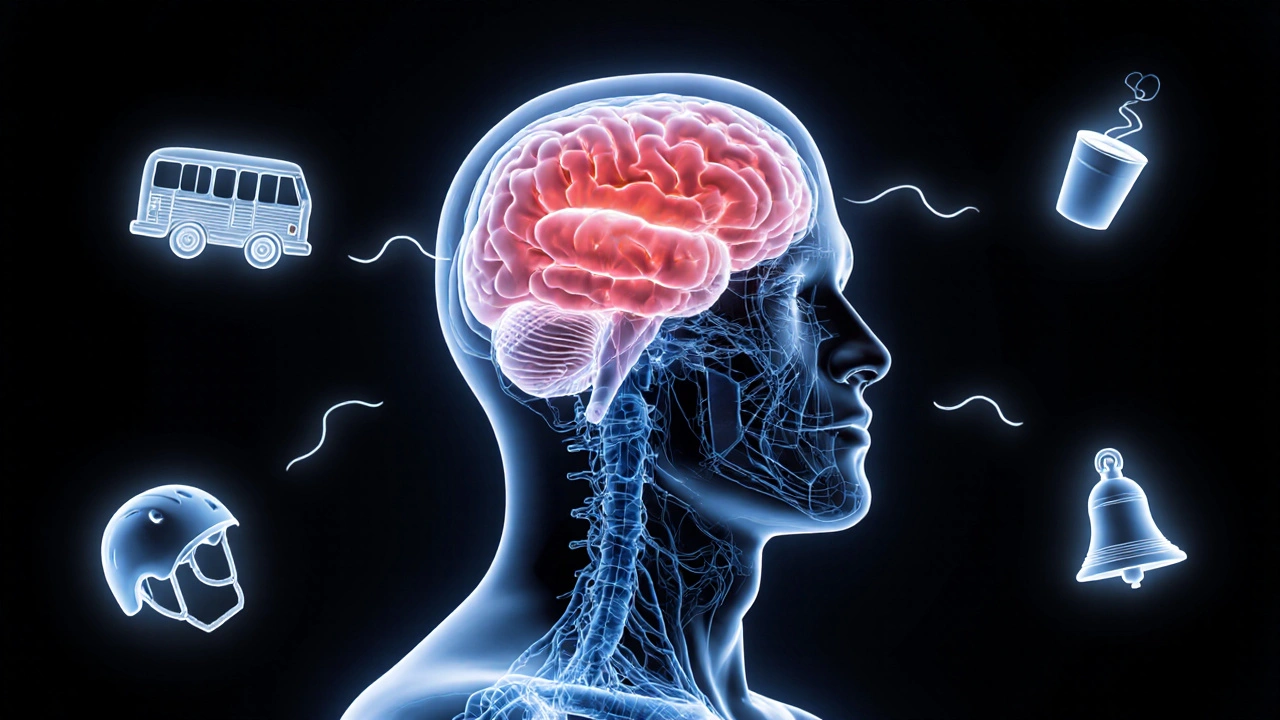 A glowing breath wave calming the fear center in a human nervous system, with everyday symbols around it.