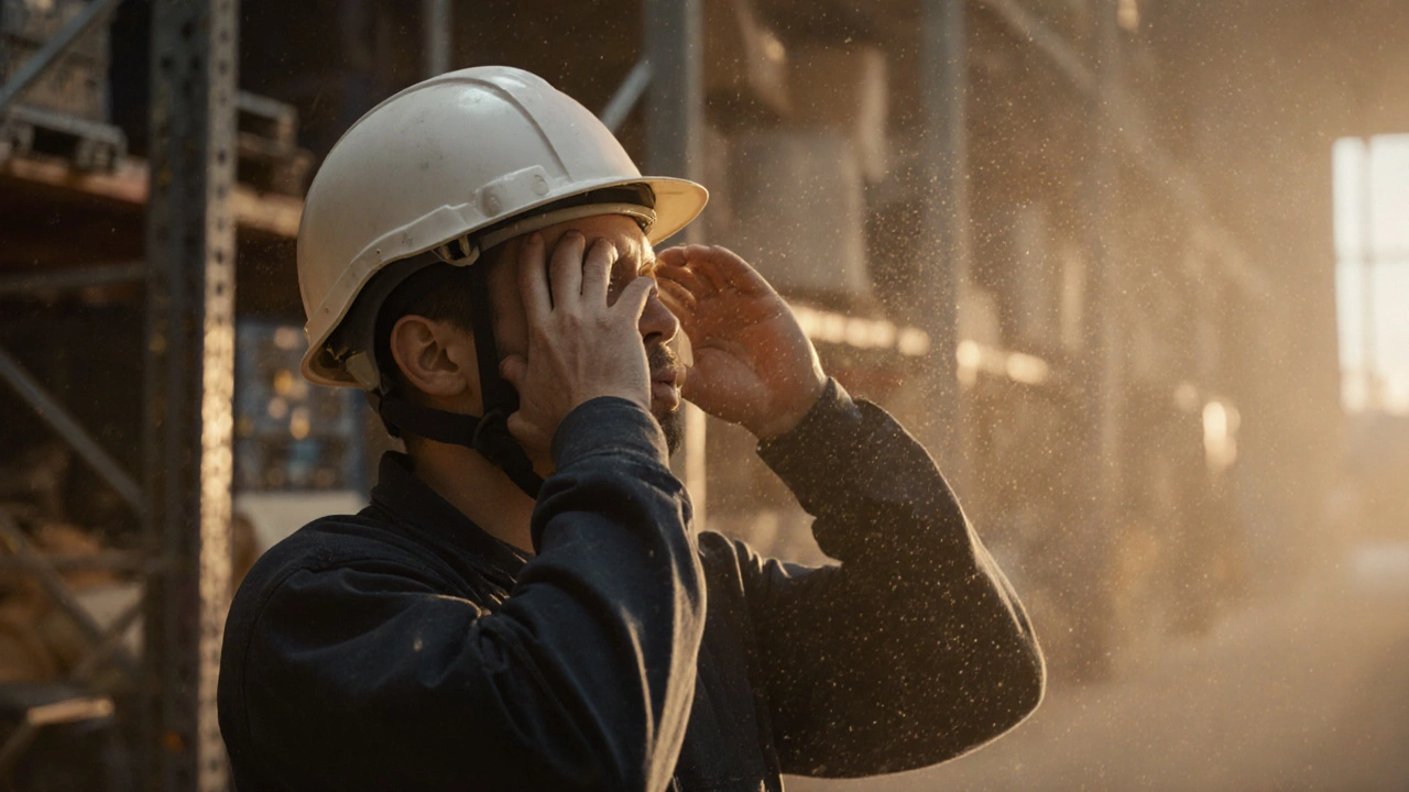 A warehouse worker taking three mindful breaths before putting on his safety helmet at dawn.