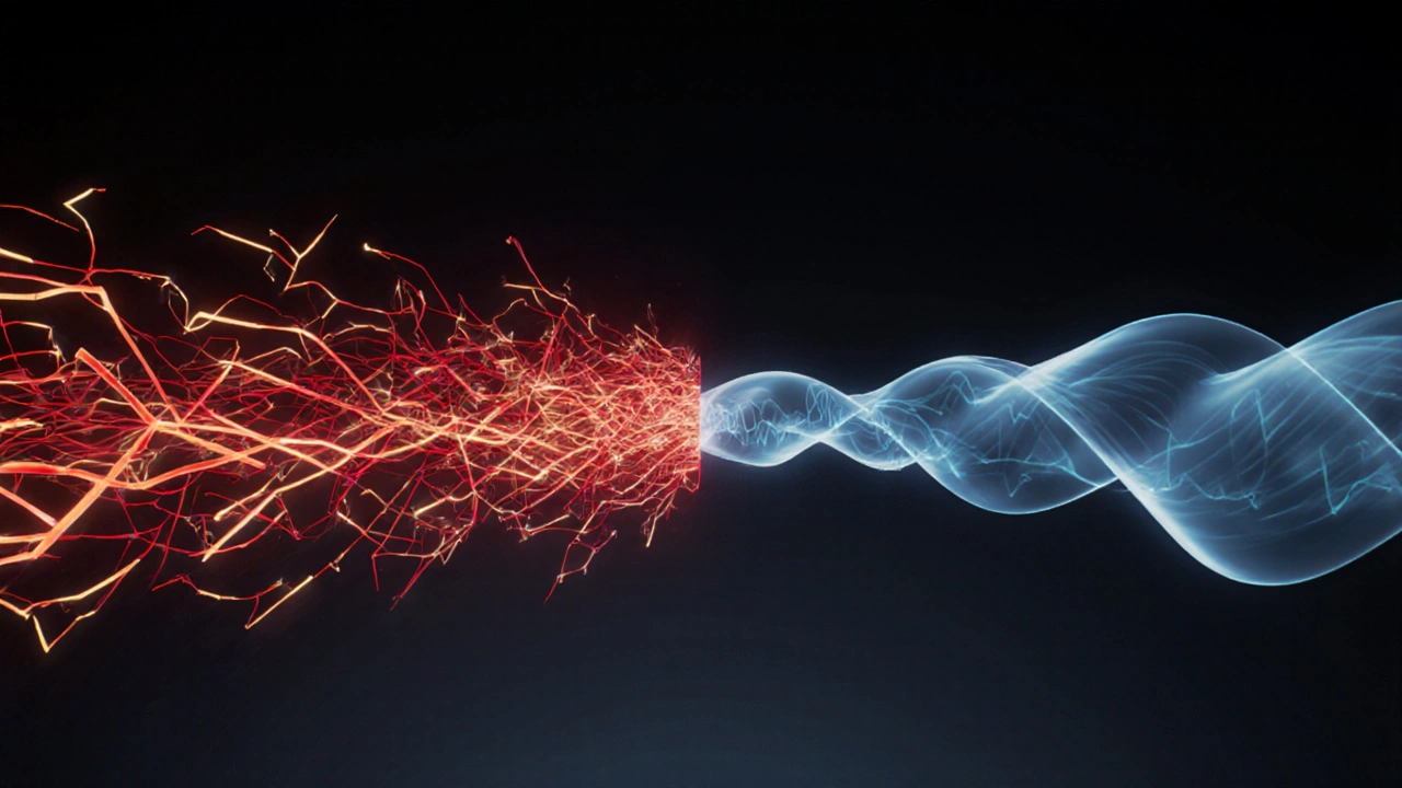 Abstract visual of nervous system shifting from chaotic red tones to calming blue waves.