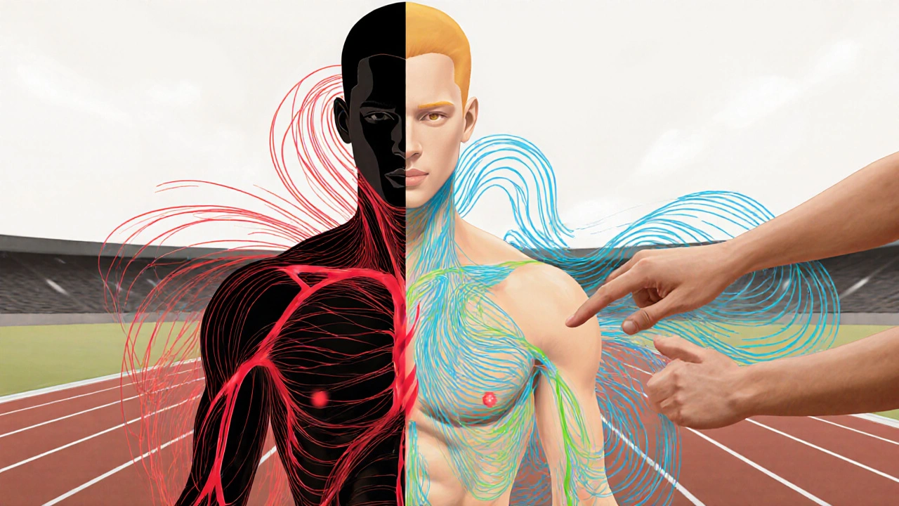 Athlete&#039;s body transitioning from tense and stiff to relaxed and energized with flowing light.