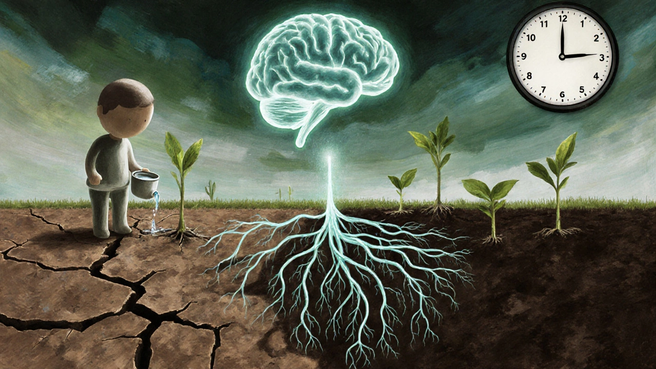 Barren soil turning into fertile earth with plants and roots linking to a glowing brain, symbolizing gut healing.