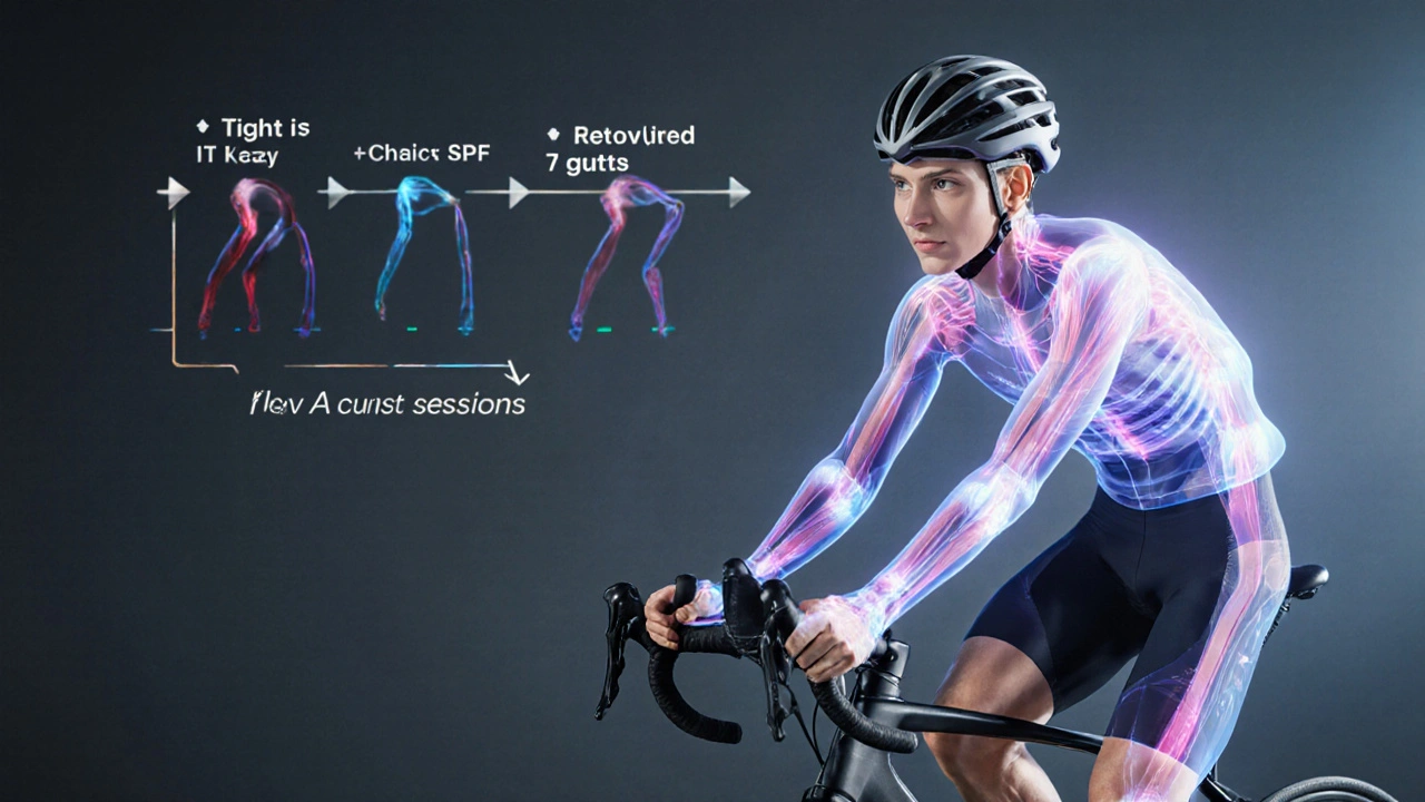 Cyclist with anatomical overlay showing improved muscle function after sports massage.