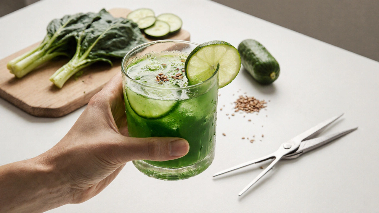 Green cucumber and spinach juice in a glass with flaxseeds and lime, on a clean kitchen counter.