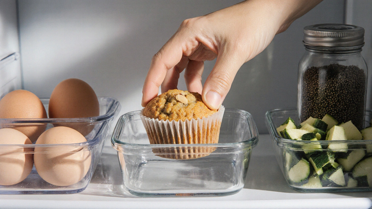 Hand reaching for a low-carb muffin from a fridge filled with prepped eggs and veggies.
