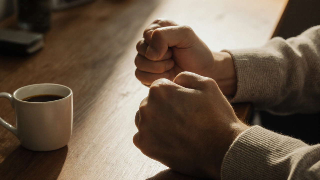 Hands showing tension and release—one clenched, one relaxed—on a wooden desk beside a coffee cup.