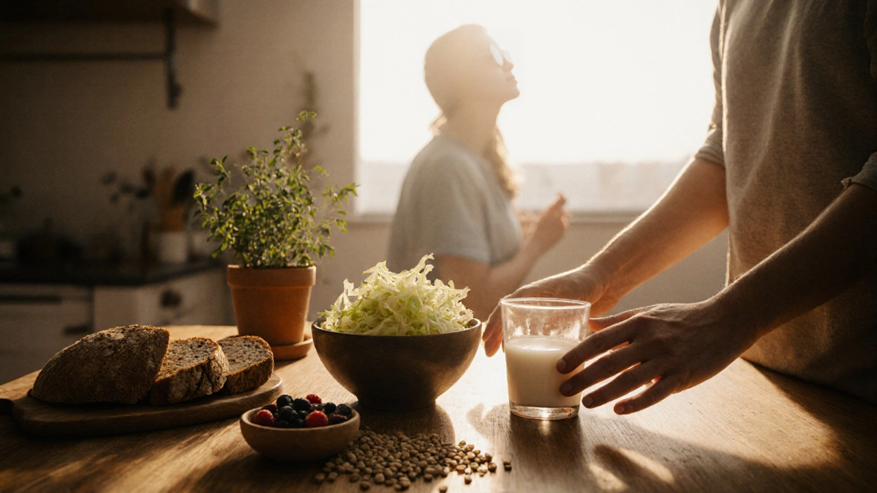 Healthy gut foods on a wooden table with natural light, including sauerkraut, kefir, berries, and whole grain bread.