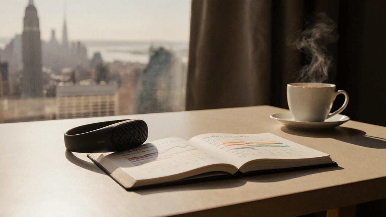 Muse headband and progress chart on a desk with morning light and tea, symbolizing biofeedback progress.