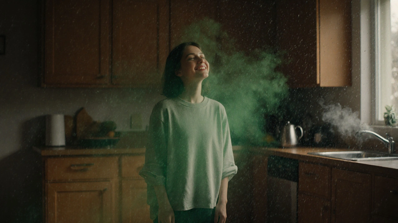 Person imagining a calming forest in their kitchen, surrounded by gentle glowing mist and falling raindrops.