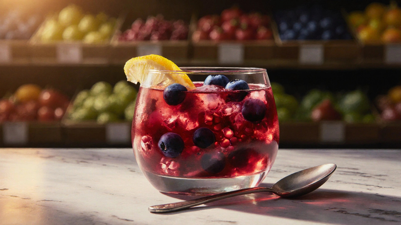 Ruby-red pomegranate and blueberry juice with pulp and lemon zest in a glass on marble.
