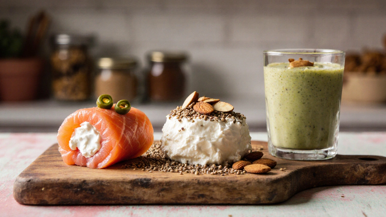 Smoked salmon roll-ups, cottage cheese with flaxseed and almonds, and a protein smoothie on a wooden board.