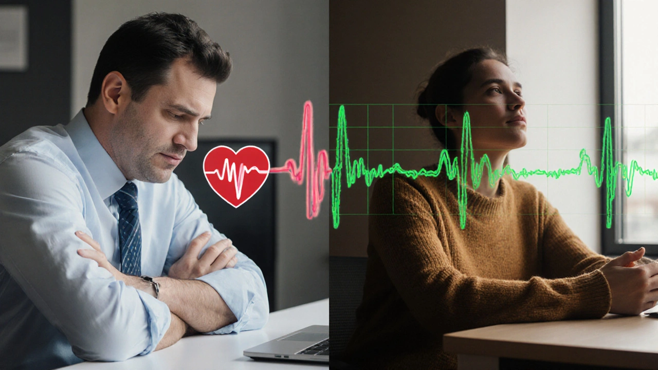 Split image showing stress versus relaxation with heart rate and HRV visualizations.