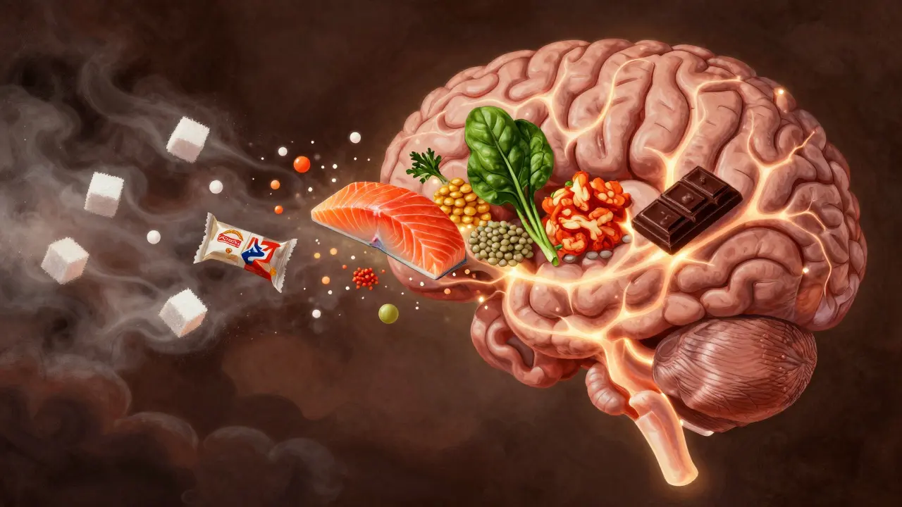 A brain connected by light to a gut filled with healthy foods like salmon, spinach, and kimchi, while junk food fades away.