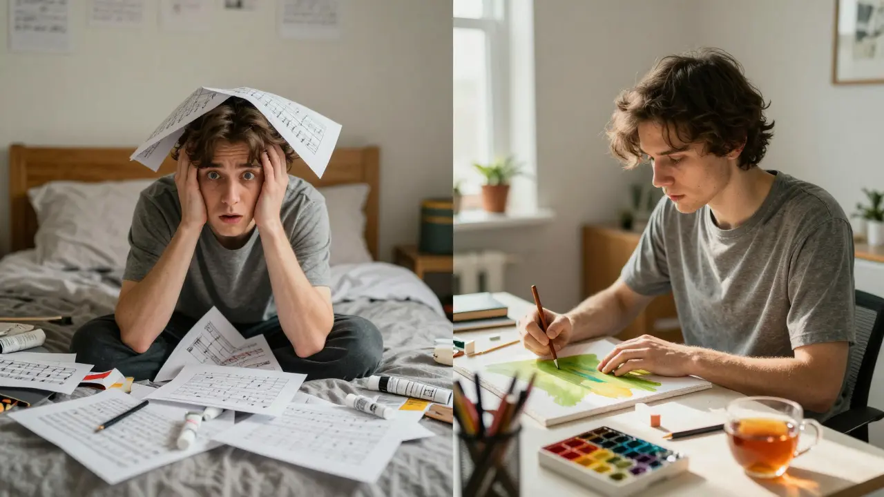 A person transitioning from chaotic creative energy to calm, organized art-making in natural daylight.