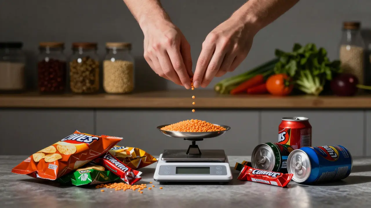 A single lentil tipping the scale against a pile of packaged snacks and soda cans.