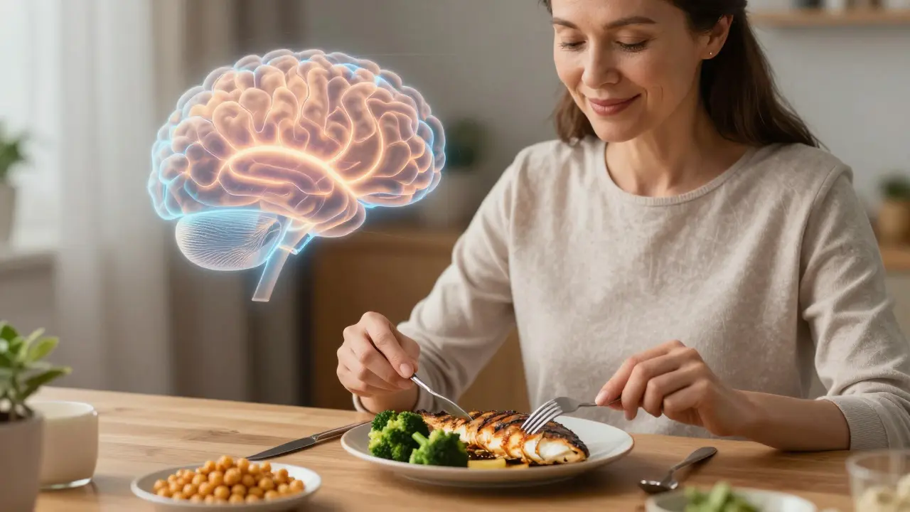 A woman preparing a nutritious dinner with grilled fish and vegetables, her brain glowing with calm neural activity behind her.