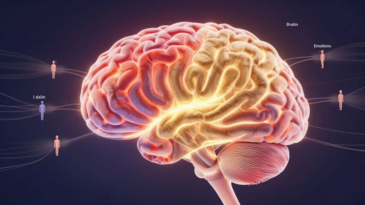 Abstract brain showing amygdala calming as prefrontal cortex glows, with small actions reinforcing peace.