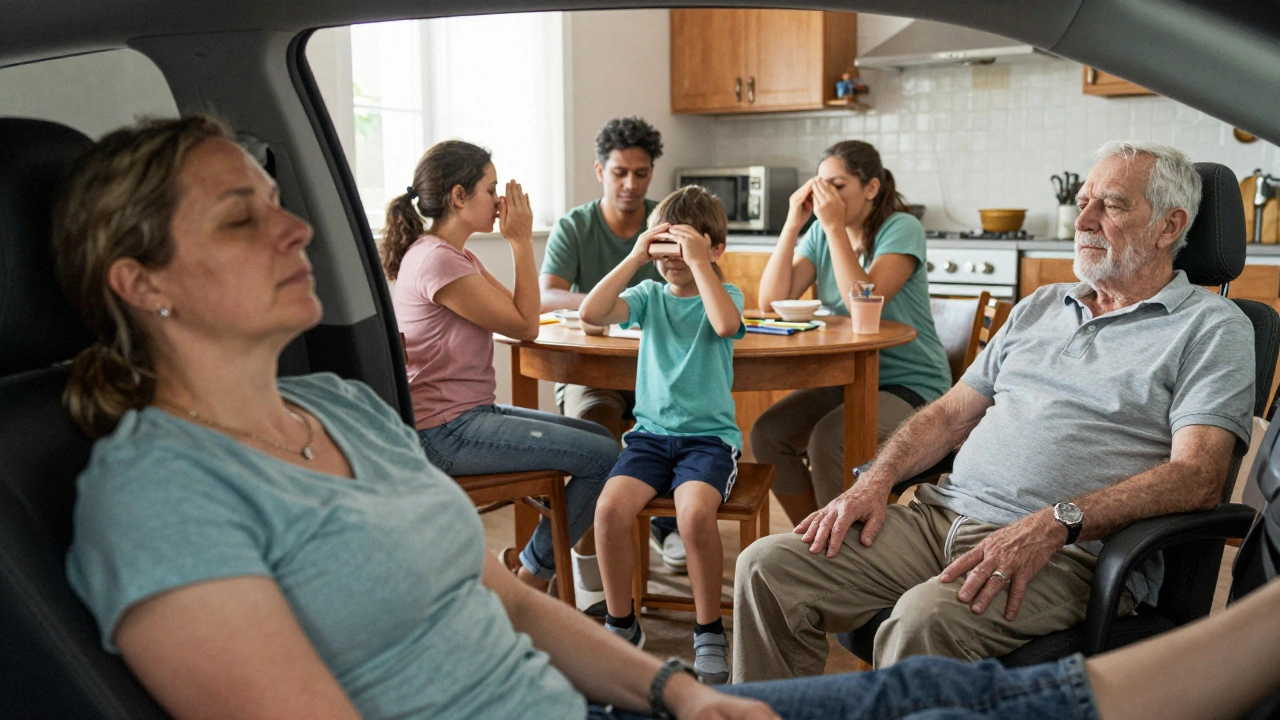 Diverse people practicing calm breathing and muscle relaxation in daily life settings.