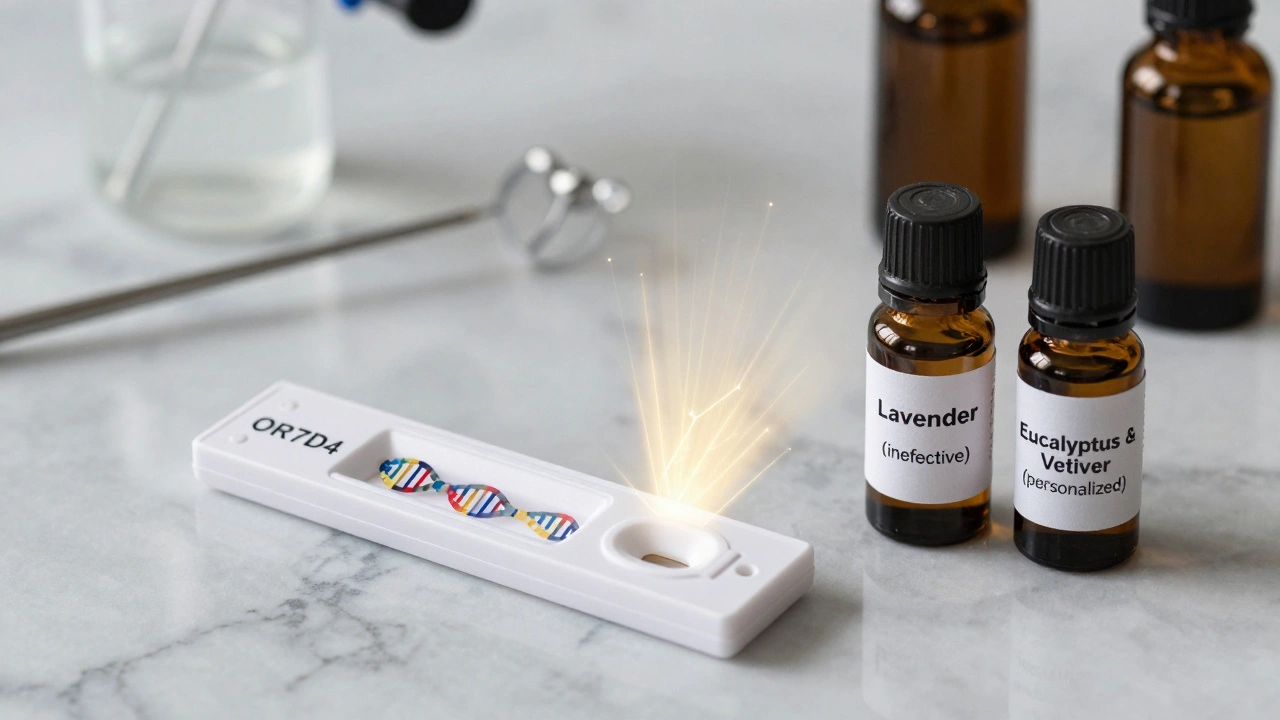 Genetic testing kit beside two essential oil vials, showing personalized scent mapping based on DNA analysis.