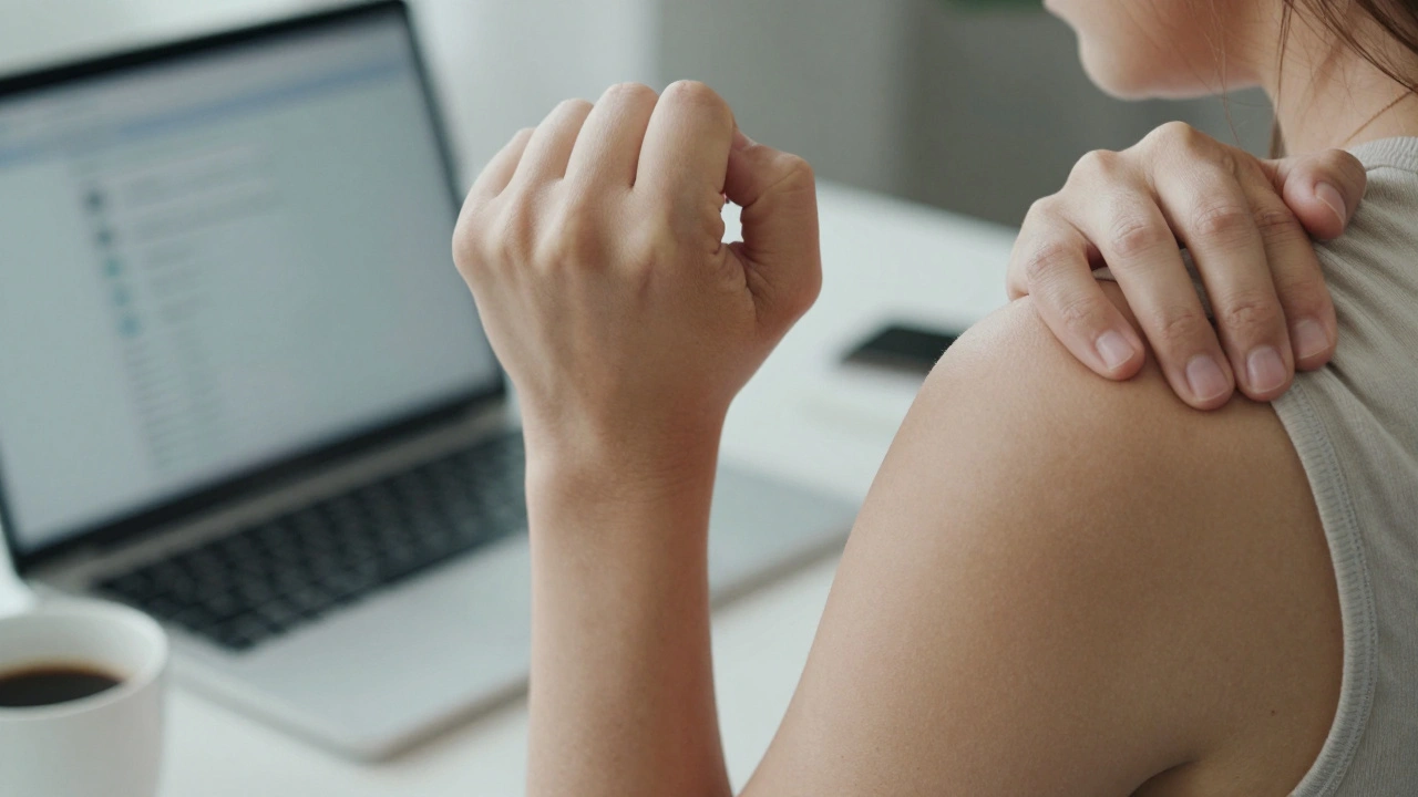 Hands releasing tension—one unclenching fist, one relaxing shoulder, office blur in background.