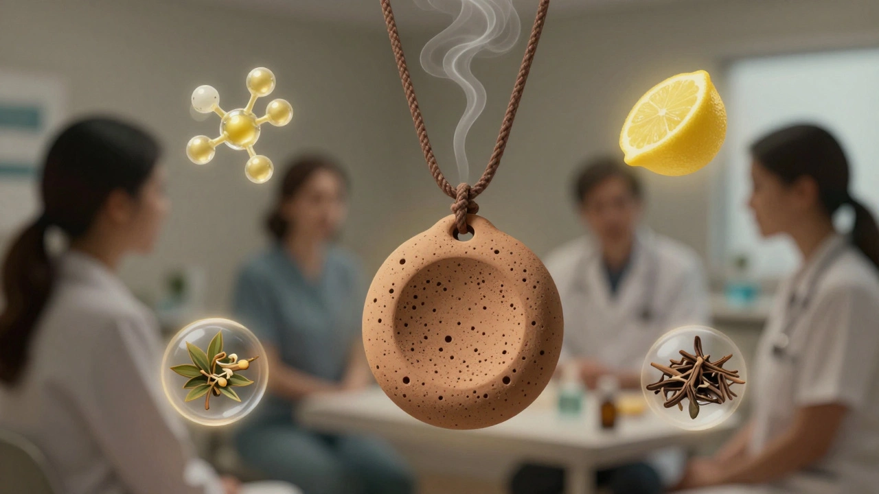 Personalized clay pendant releasing aromatic vapor, surrounded by floating molecular structures of therapeutic compounds.