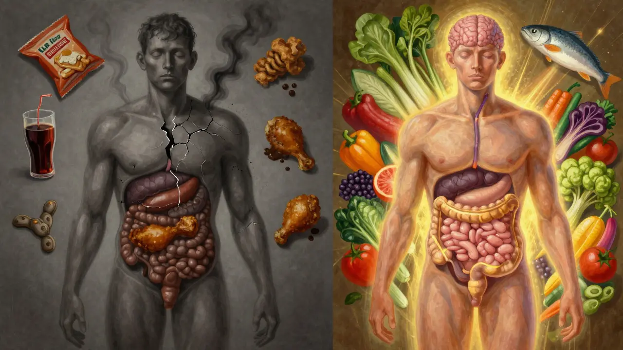 Split image of a person: one side dull and sickly surrounded by processed food, the other glowing with whole foods.