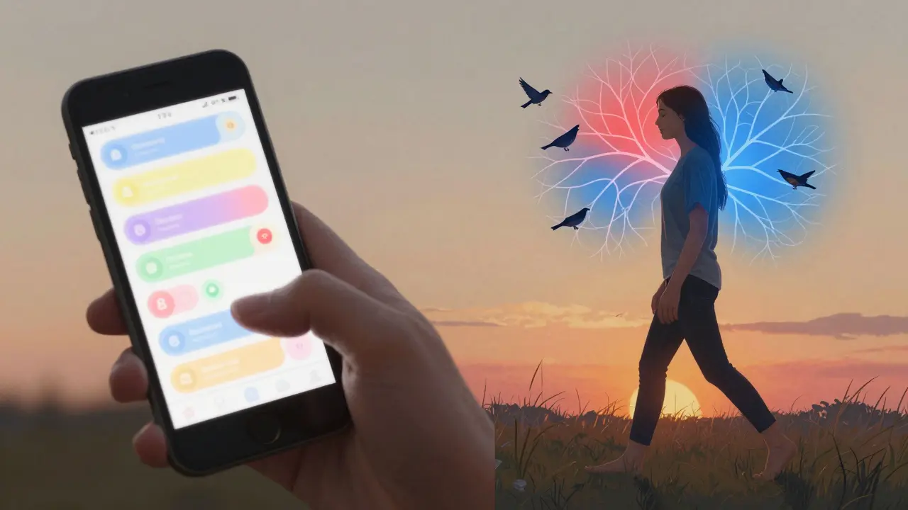 Split scene: chaotic phone scrolling vs. peaceful walk in nature with calming brain patterns.