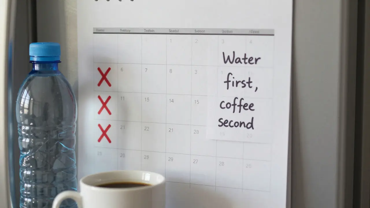A refrigerator calendar with red X's and a note saying 'Water first, coffee second.'