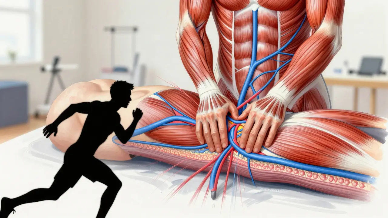 Anatomical illustration showing blood flow and waste removal in muscles during massage.