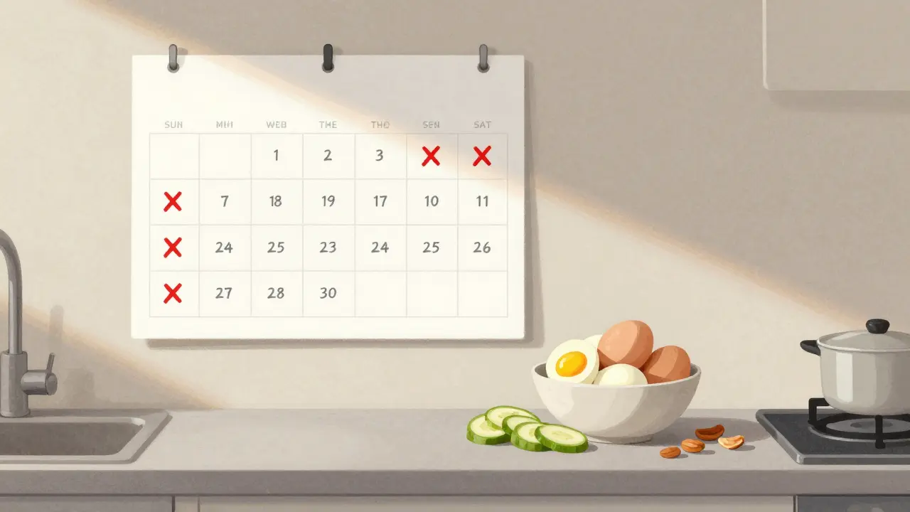 Calendar with a chain of X's next to healthy snacks on a kitchen counter.