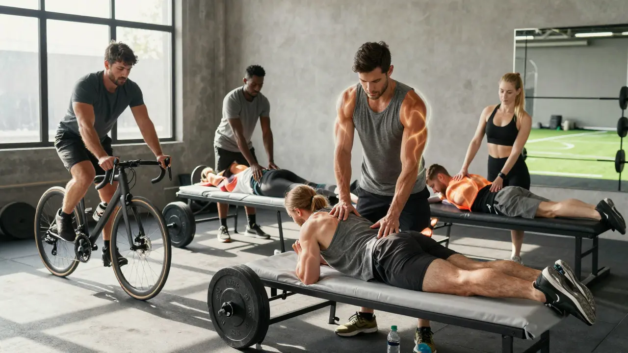 Diverse athletes receiving sports massage in different environments with glowing recovery effects.