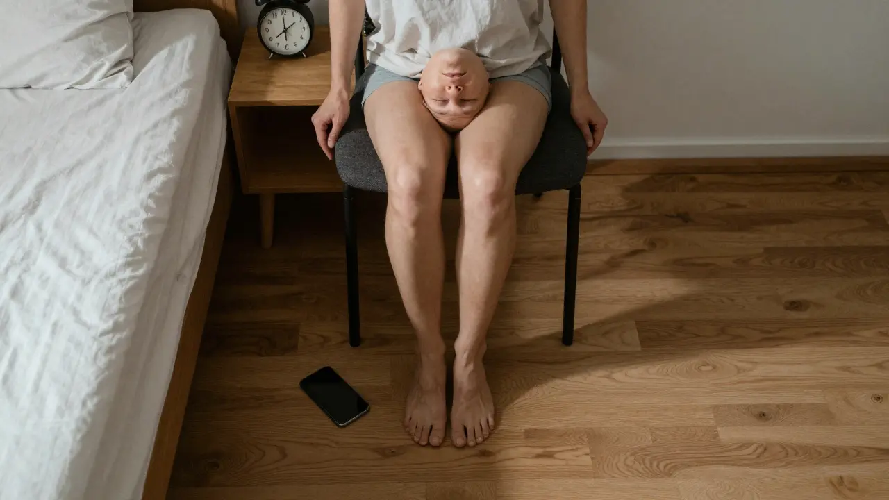 Overhead view of a silent phone, alarm clock at 6:05, and someone meditating in a chair beside the bed.