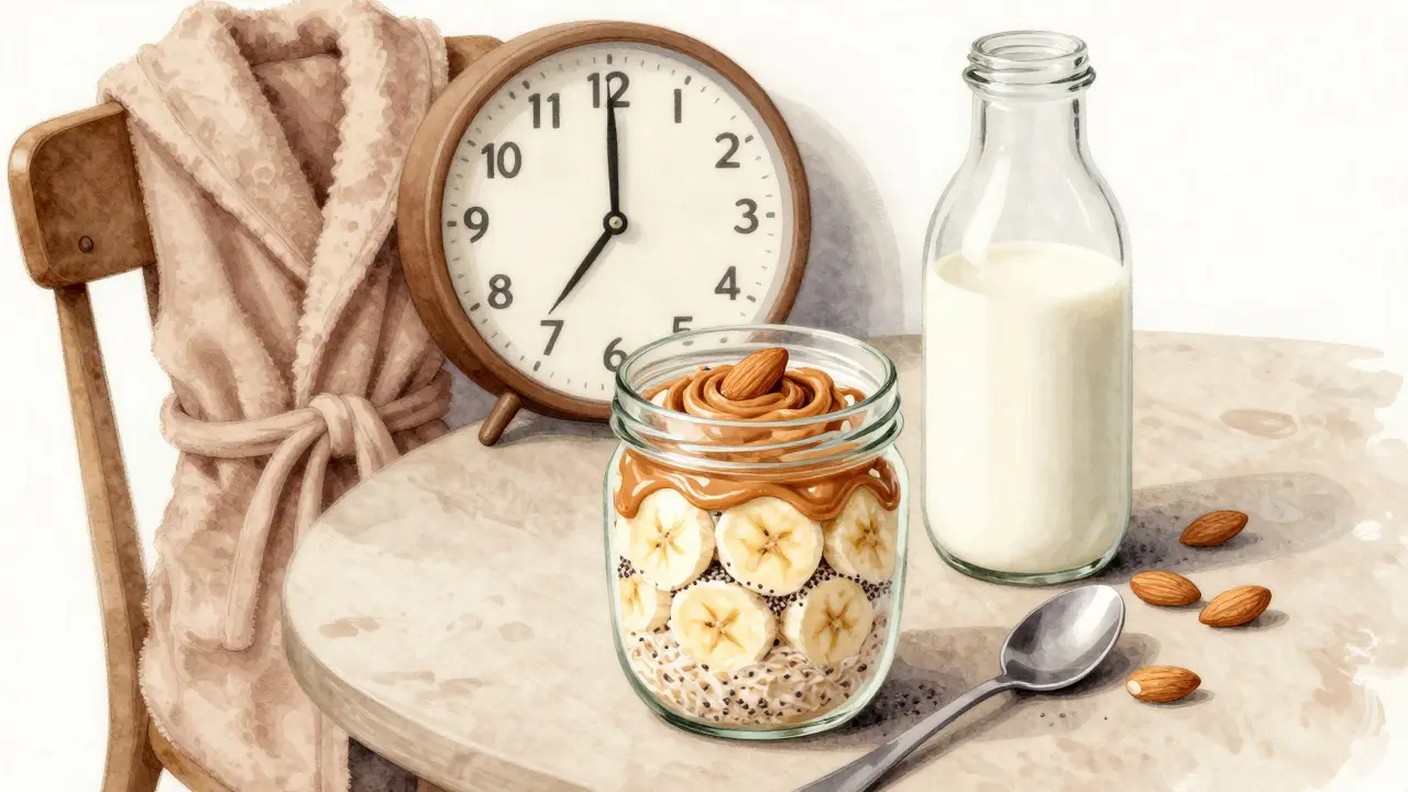 Overnight oats in a glass jar with banana and almond butter, ready for a morning meal.