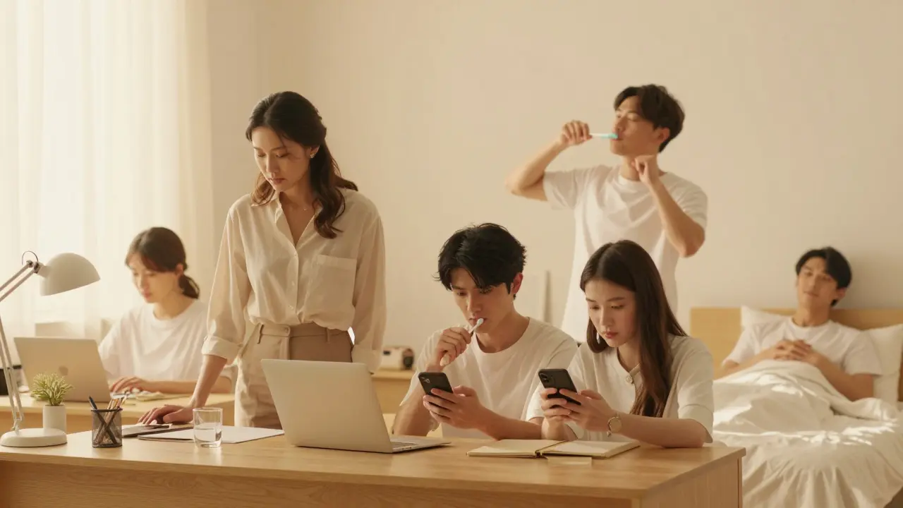 People in daily routines glowing with calm, illuminated by soft golden light.