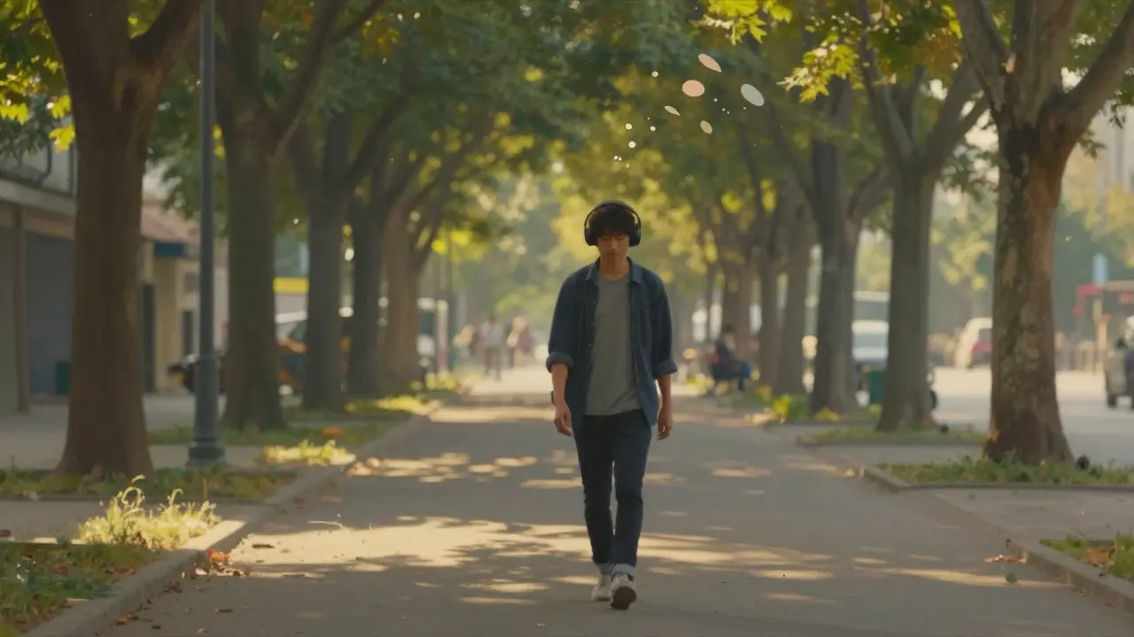 Someone walking peacefully through a sunlit path, ideas floating gently from their mind.