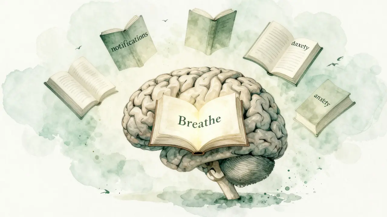 A brain depicted as a quiet library, with floating stress-related books and one glowing book titled 'Breathe'.