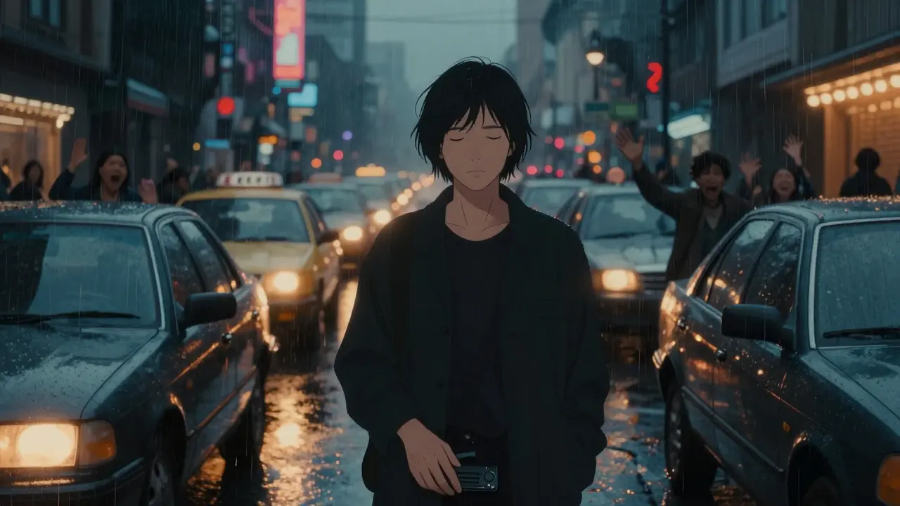 A calm person in a car during heavy traffic, serene amid chaos, rain reflecting city lights.